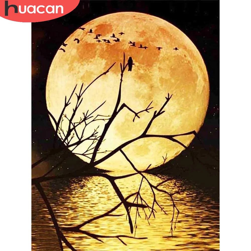 

Набор для алмазной живописи HUACAN, вышивка в виде Луны, дерева, морского берега, пейзаж, креативные хобби, украшение для дома