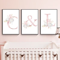 pink flower baby monogram alphabet name canvas print nordic poster canvas painting nursery print baby girl room wall decor