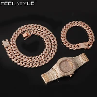 13mm 3pcs rose gold necklace watchbracelet hip hop miami curb cuban chain iced out paved rhinestones cz bling for men jewelry