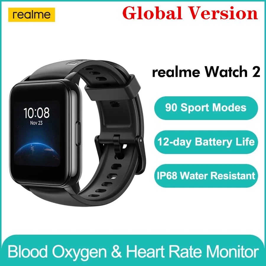 

Global Version Realme Watch 2 1.4'' Heart Rate Moniton 90 Sport ModesBlood Oxygen 12-day Battery Life IP68 Waterproof SmartWatch