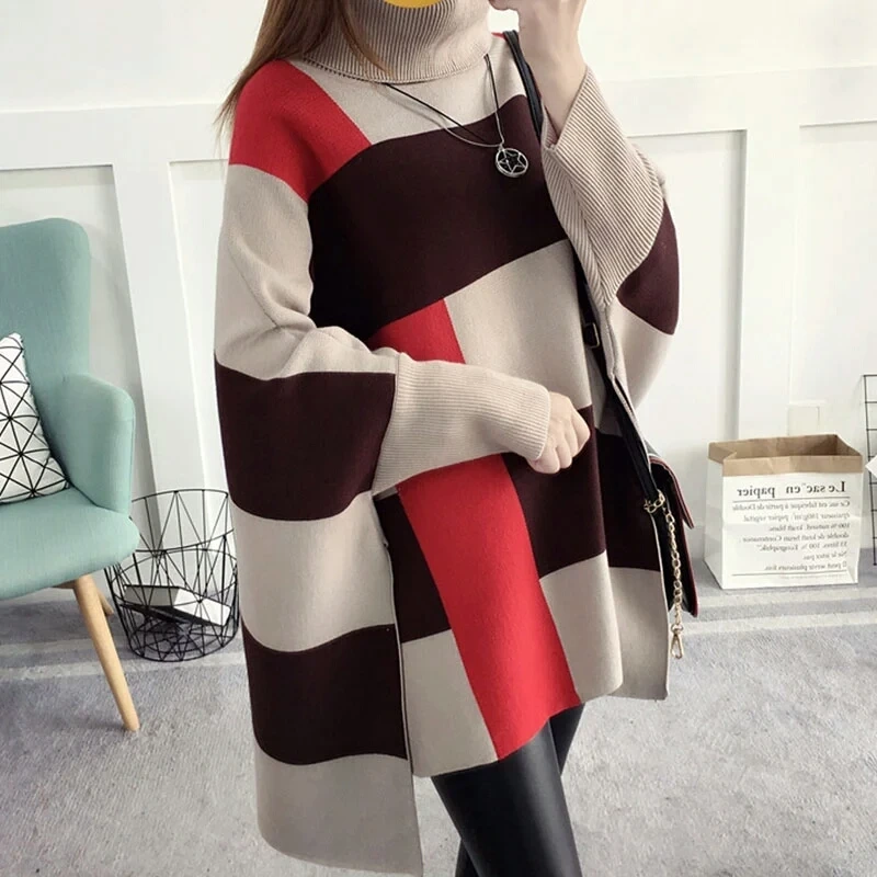 

autumn Long sweaters women color matching grid turtleneck sweater loose shawl cloak batwing sleeve knitwear plaid plus free size