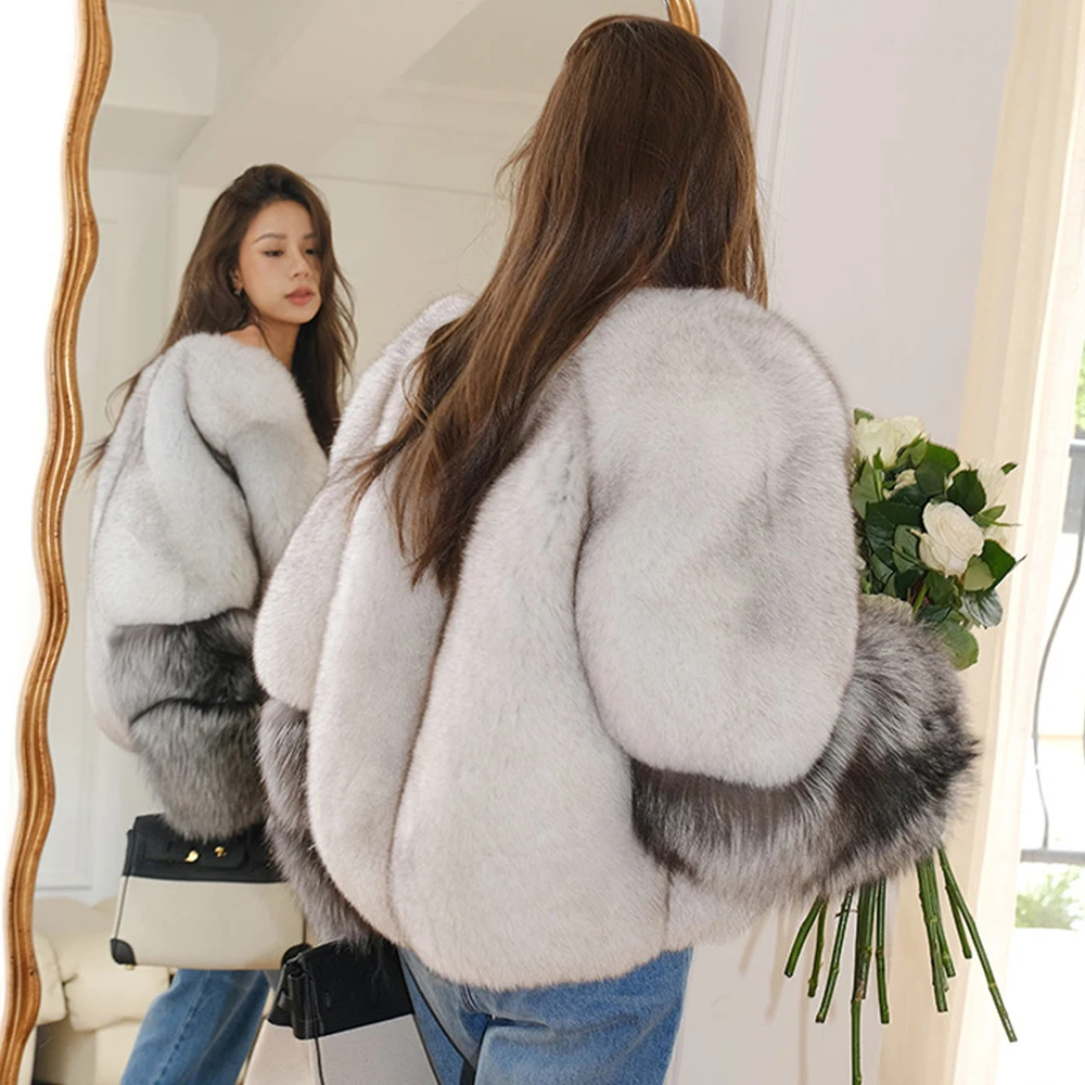 Woman Fashion Short Natural Fox Fur Jacket V-neck Luxury Women Real Fox Fur Coats Female Casual Winter Trendy Thick Fur Overcoat