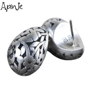 Apinje 990 Fine Silver Vintage Thai Silver Water Drop Flower Earrings for Women Ear Studs Silver Jewelry