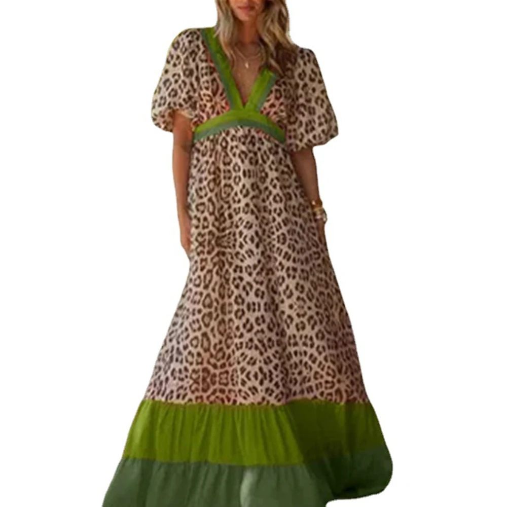 

2021 Summer New Women's Western Style Fashion Sexy V-neck Leopard Contrast Stitching Long Lantern Sleeve Summer Dress