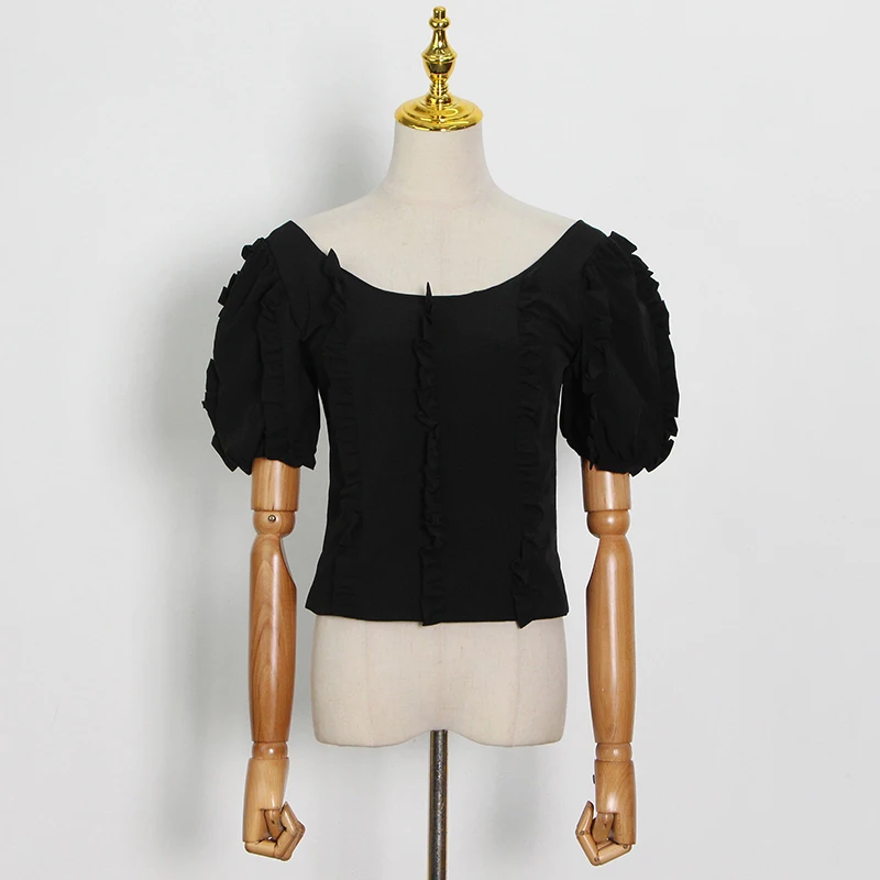 

TWOTWINSTYLE Patchwork Ruffle Short Shirt For Women O Neck Puff Short Sleeve Casual Slim Shirts Female Fashion New Clothing 2021
