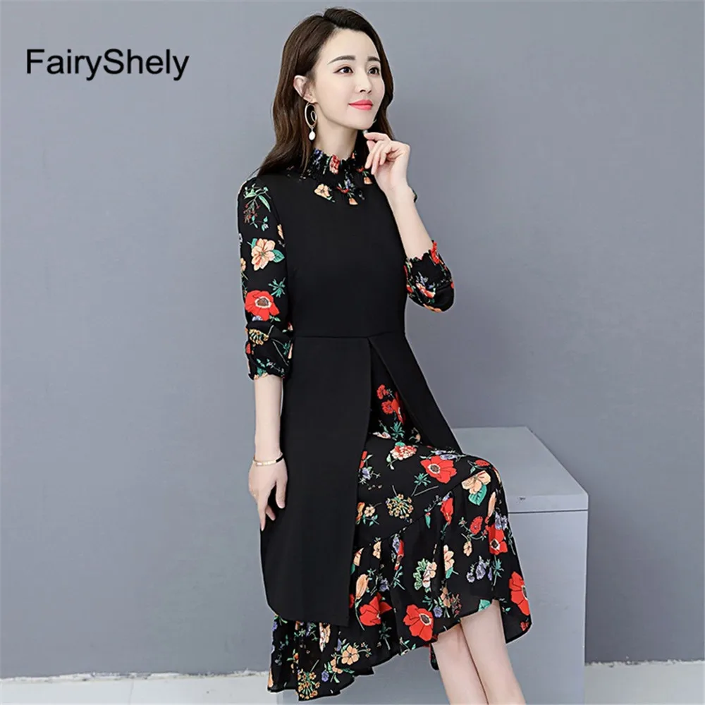 Женское платье с цветочным принтом Fairyshely черное офисное длинным рукавом