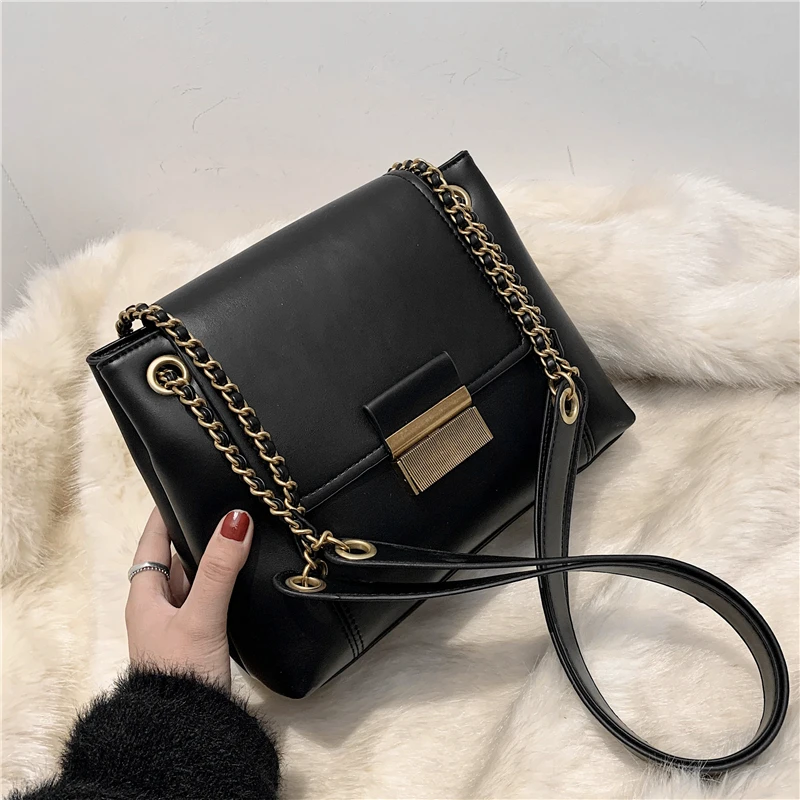 

Vintage Simple Chain Crossbody Bags For Women Solid Color High Quality PU Leather Female Shouder Bags Ladies Baguette Purse 2021