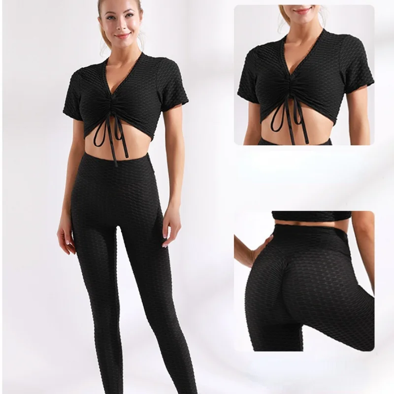 

Women Clothing Yoga Sets 2 Piece Tracksuit Workout Clothes Gym Outfit Short Sleeve Crop Top Athletic Leggings Active Wear Summer