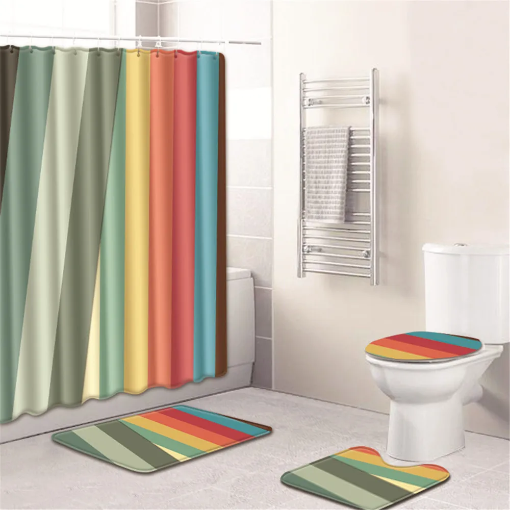 

Simple Decor Bathroom Set with Shower Curtain and Bath Mat Set 4pcs/set Flannel Non-slip Toilet Mat Rug Bathroom Accosories Set