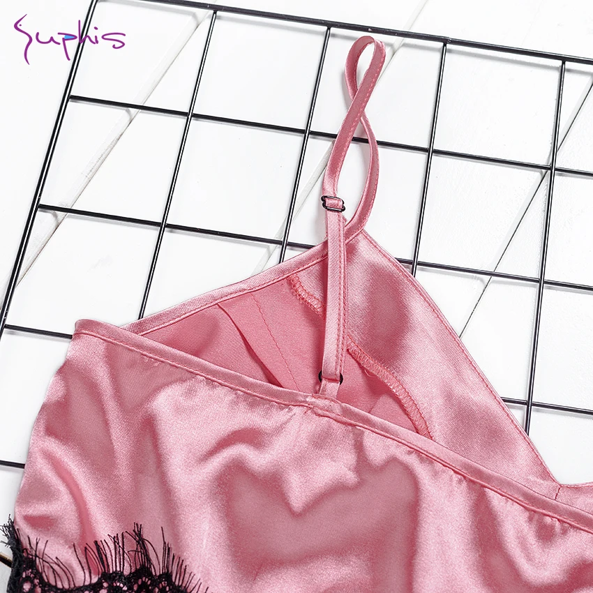 Женское шелковое боди с кружевной отделкой Suphis сексуальное розовое атласное