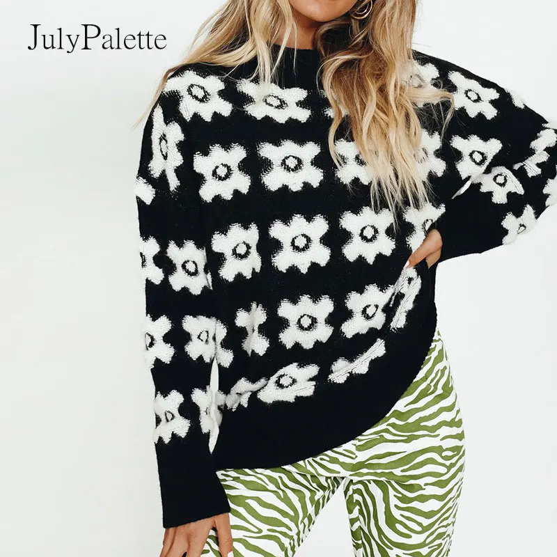 

Julypalette 2021 осенне-зимний вязаный свитер, женский свитер с цветочным принтом, пуловер, вязаный Топ, свободный женский свитер
