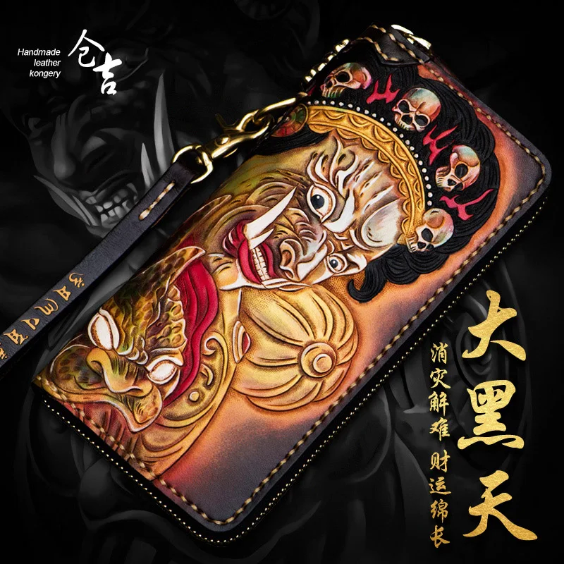 

Unisex handmade wallet long leather engraving large capacity zipper bag leather clutch bag retro wallet wallet