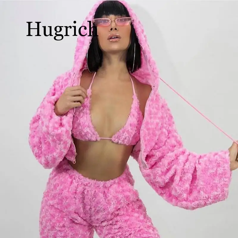 Пушистый Розовый пикантный комплект из 3 предметов женская одежда 2020 уличная