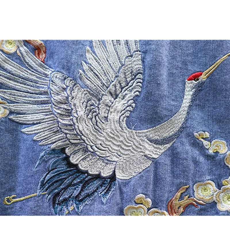

Black Embroidered Crane Women Denim Jacket Casual Loose Coat Spring Autumn New Long-sleeved Jeans Jacket Female Short Outwear
