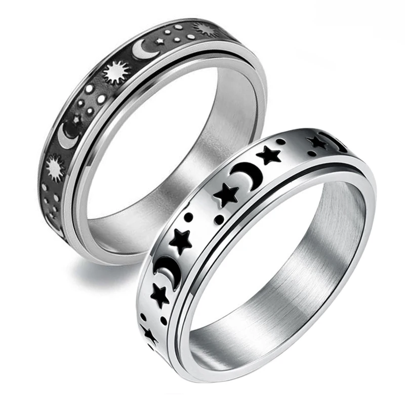 

Stars and Moon Rotatable Ring Men's Trendy Retro Niche Design Ins Trend Does Not Fade Titanium Steel Index Finger Ring Female