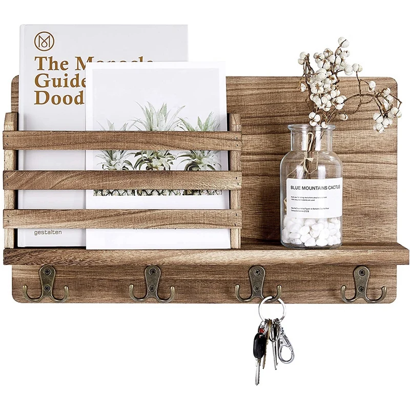 

Wall Mounted Mail Holder Wooden Mail Sorter Organizer,with 4 Double Key Hooks Home Decoration,for Entrance or Mud Room