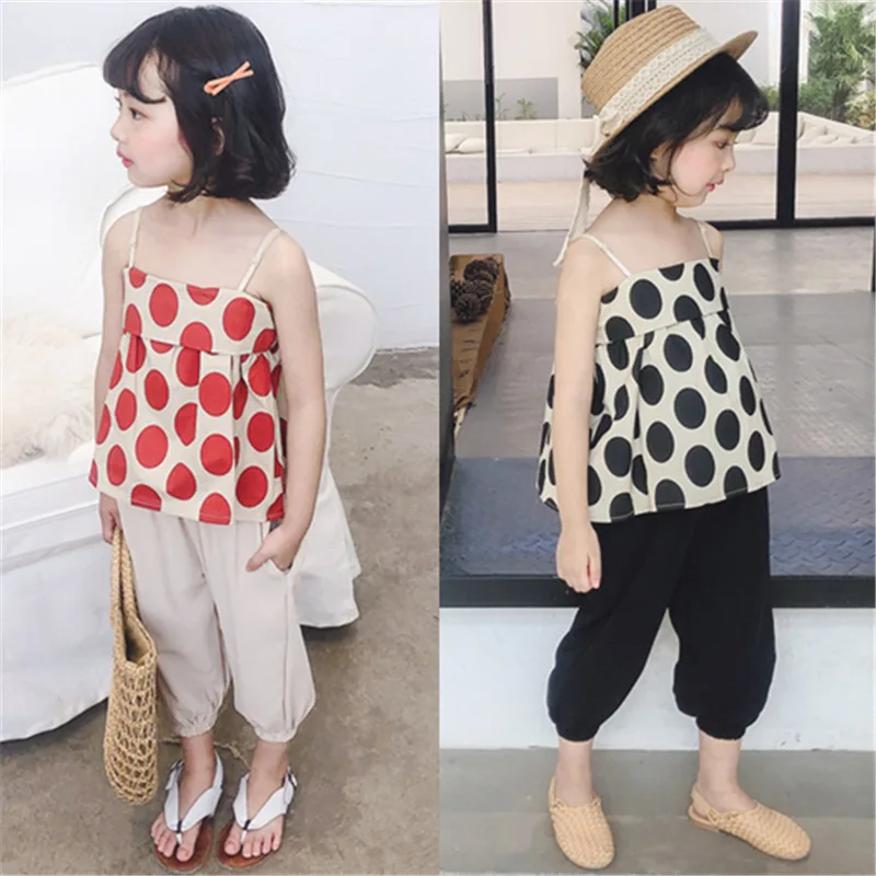 2Colours Children Summer Outfits 2020 Kids 2pieces Tracksuit Dot Sling Top+Pants Girls Clothing Sets Baby Girl Clothes Set | Детская