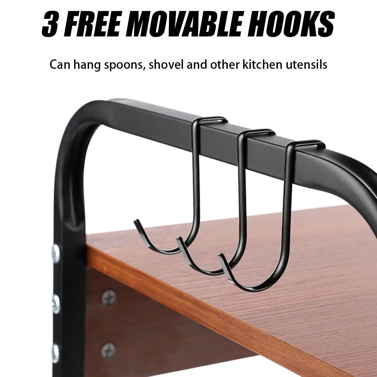 

3-Tier Kitchen Storage Rack Wooden Metal Microwave Oven Rack with Spoon & Spatula Hooks Condiment Organiser Space Saver New