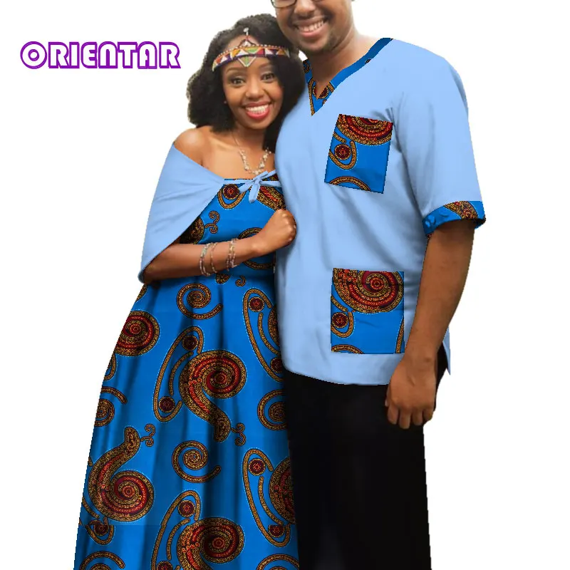 Traditional African Clothes for Couples Men Women African Print Long Dress Tops T Shirt Casual Ball Gown Lover Clothing WYQ181