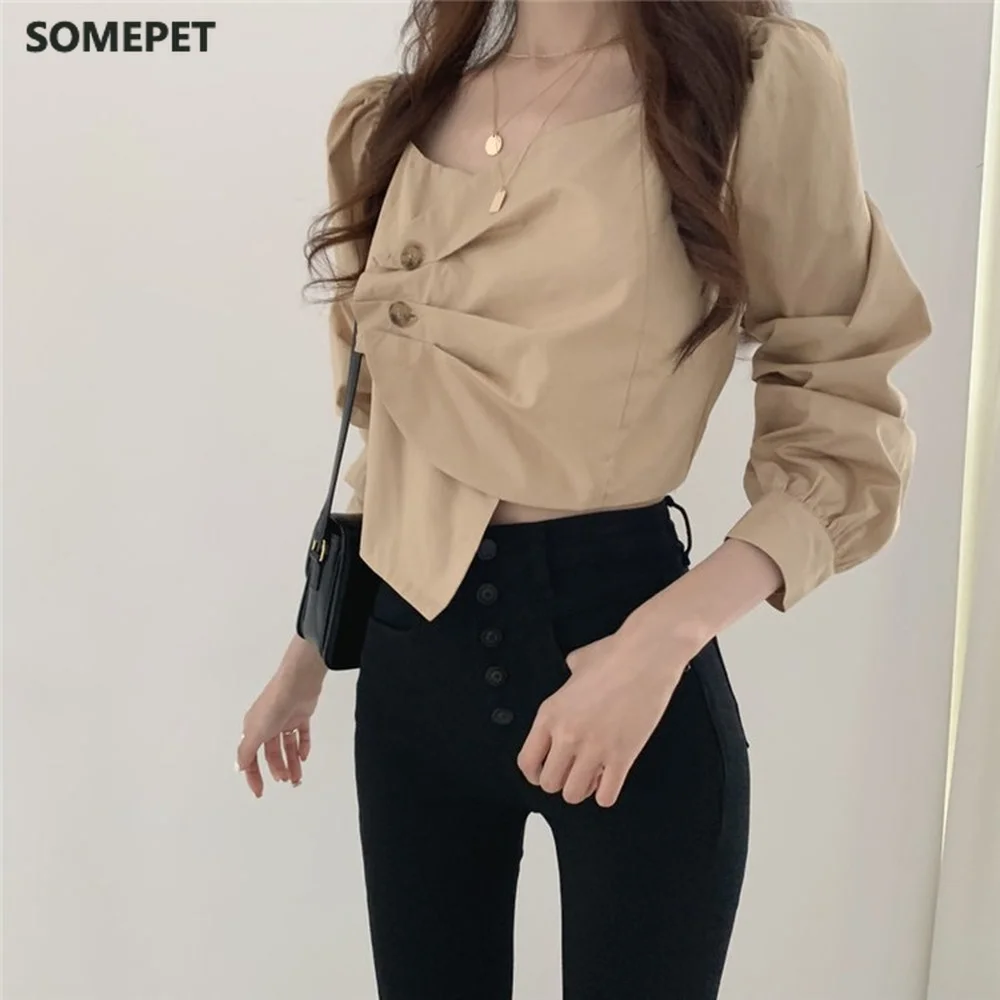 

Chic High Waist Slim Fit Short Blouse Pleated Irregular Solid Blusas Mujer Autumn Spring Sexy Exposed Collarbone Shirt