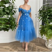 verngo off the shoulder blue tulle prom dresses 2021 sweetheart 3d flowers short sleeves tea length mother formal party gowns