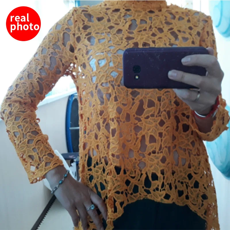 2019 весна осень Женская кружевная открытая рубашка с длинным рукавом Необычные