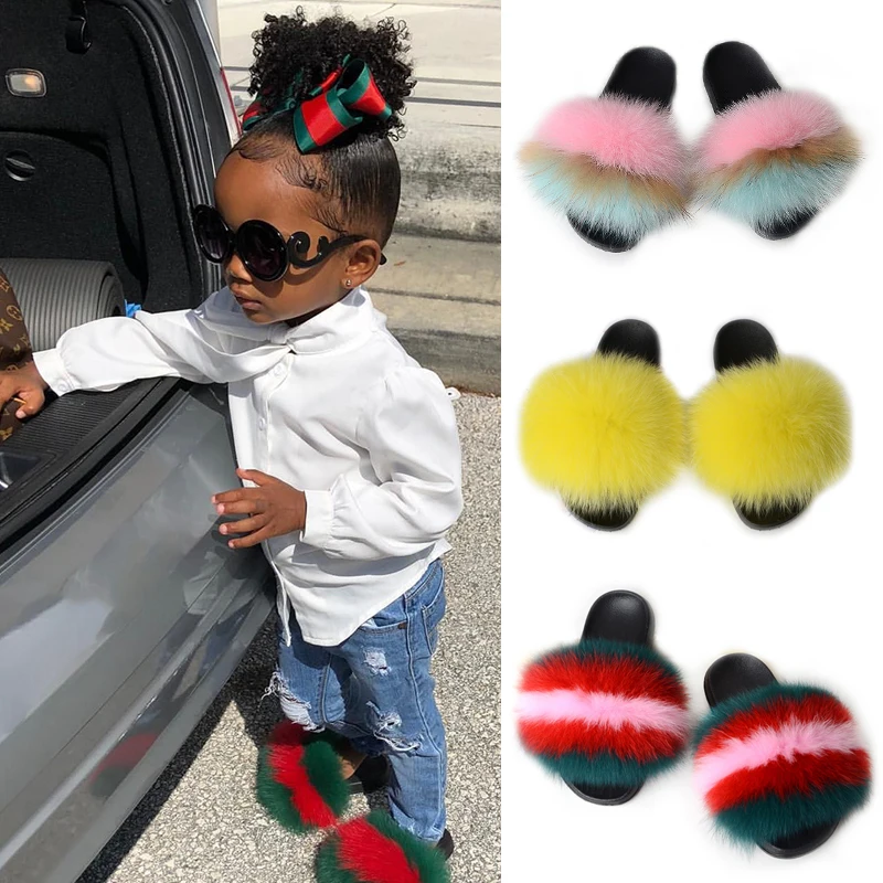 2021 Summer Children's Colorful Fluffy Fox Fur Slides Baby Fashion Cute Plush Slippers Kids Furry Sandals Girls Soft Flat Shoes