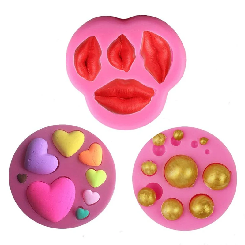 

3Pcs/Set Wedding Fondant Cake Molds Set Lips Heart Dot Silicone Candy Mold for Cake Decoration Cupcake Topper Polymer Clay Mold