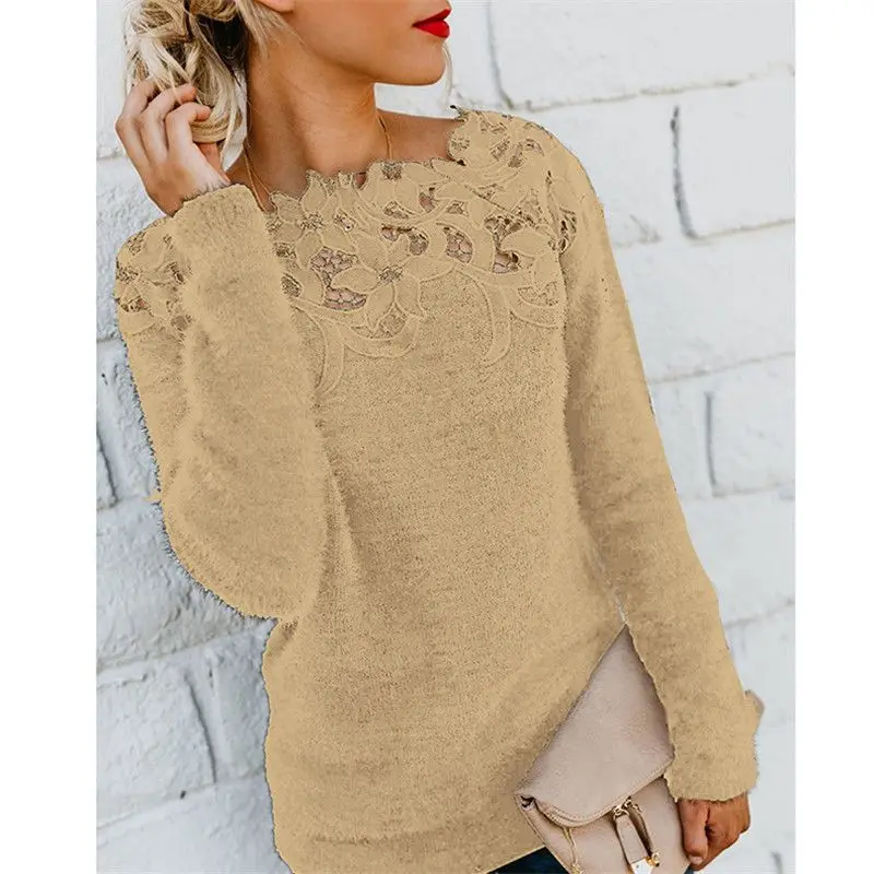 

Sweater Jumper Plus Size Tops Ladies Top Pullover Womens Winter Lace Off Shoulder Warm