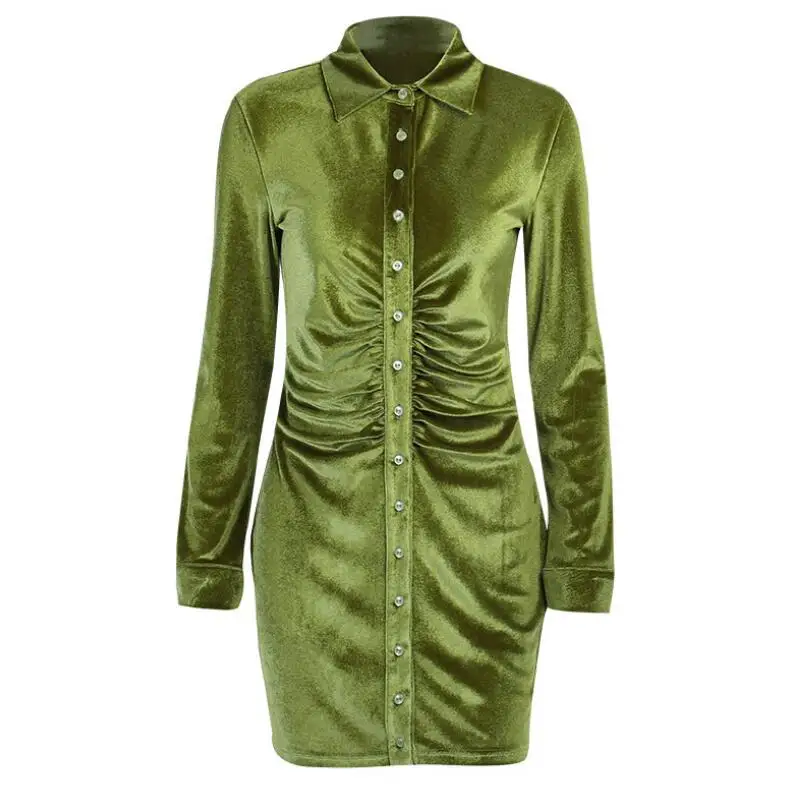 

Slim Shirt Dresses Women Green Party Dress Sexy Mini Dress for Woman Turn-Down Collar Button Streetwear Lady Short Dresses 2021