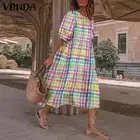 Богемное платье-миди VONDA 2021, женский летний сарафан, Пляжное винтажное клетчатое длинное платье, богемное праздничное платье, женское платье