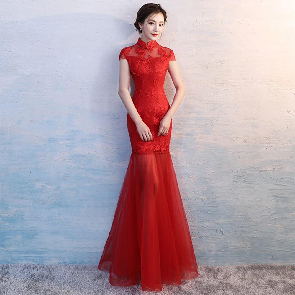 Женское вечернее свадебное платье роскошное элегантное кружевное Ципао с