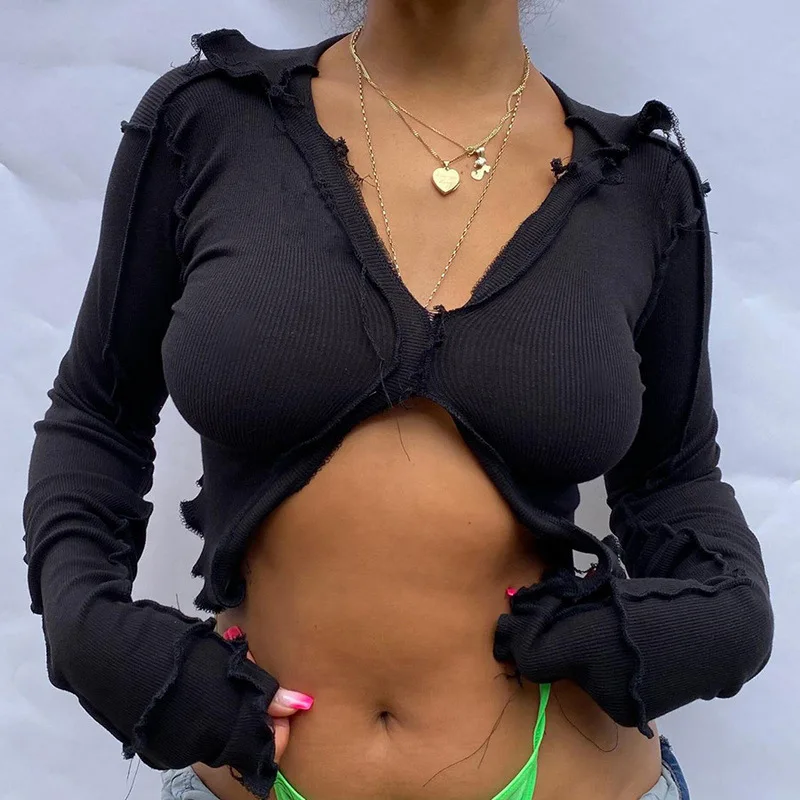 

Сексуальный женский облегающий кроп-топ в рубчик с длинным рукавом и отворотом, однотонные облегающие футболки с V-образным вырезом