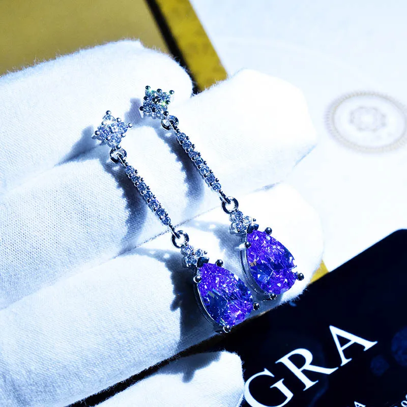 

Luxury Pear 925 Silver Long Pendant Purple AAA Cubic Zircon Earring Square Cut Drop Earrings Elegant Crystal Fahsion Jewelry