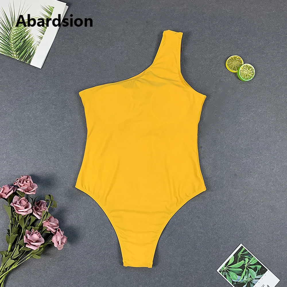 Abardsion One Shoulder Push Up Bodysuit Swimwear 2020 Women Sexy Bathing Suit Yellow Red Green Slim Stretch Piece Swimsuit | Спорт и