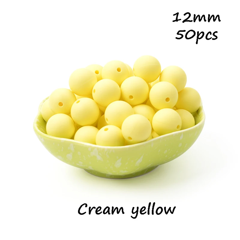 Cream yellow LOFCA, 12 мм, 50 шт./лот, бусины из пищевого силикона, Прорезыватель для зубов, круглые бусины, Детская жевательная для прорезывания зубов, Силиконовые Прорезыватели для самостоятельного изготовления - Цвет: Cream yellow
