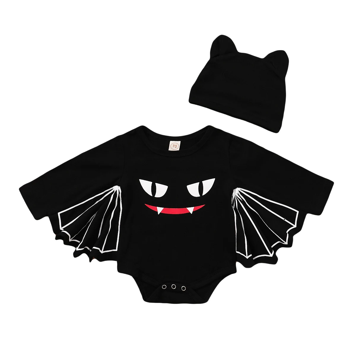 

Костюм на Хэллоуин для маленьких мальчиков и девочек; Комбинезон с рукавами «летучая мышь»; Топ + черная шапка с 2 ушками