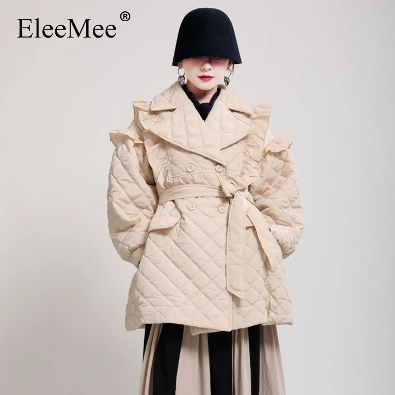 

Винтажная длинная парка EleeMee, зимнее теплое Женское пальто с поясом, двубортное пальто с отложным воротником, верхняя одежда свободного раз...