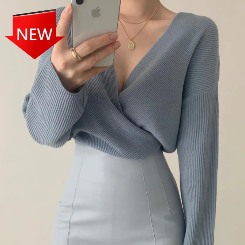 

Blue Long Sleeve V Neck Knitted Sweaters Women Outwear Pullovers Knitwear Shirts Tops Wild Pull Femme Gentle Slim Sexy Solid
