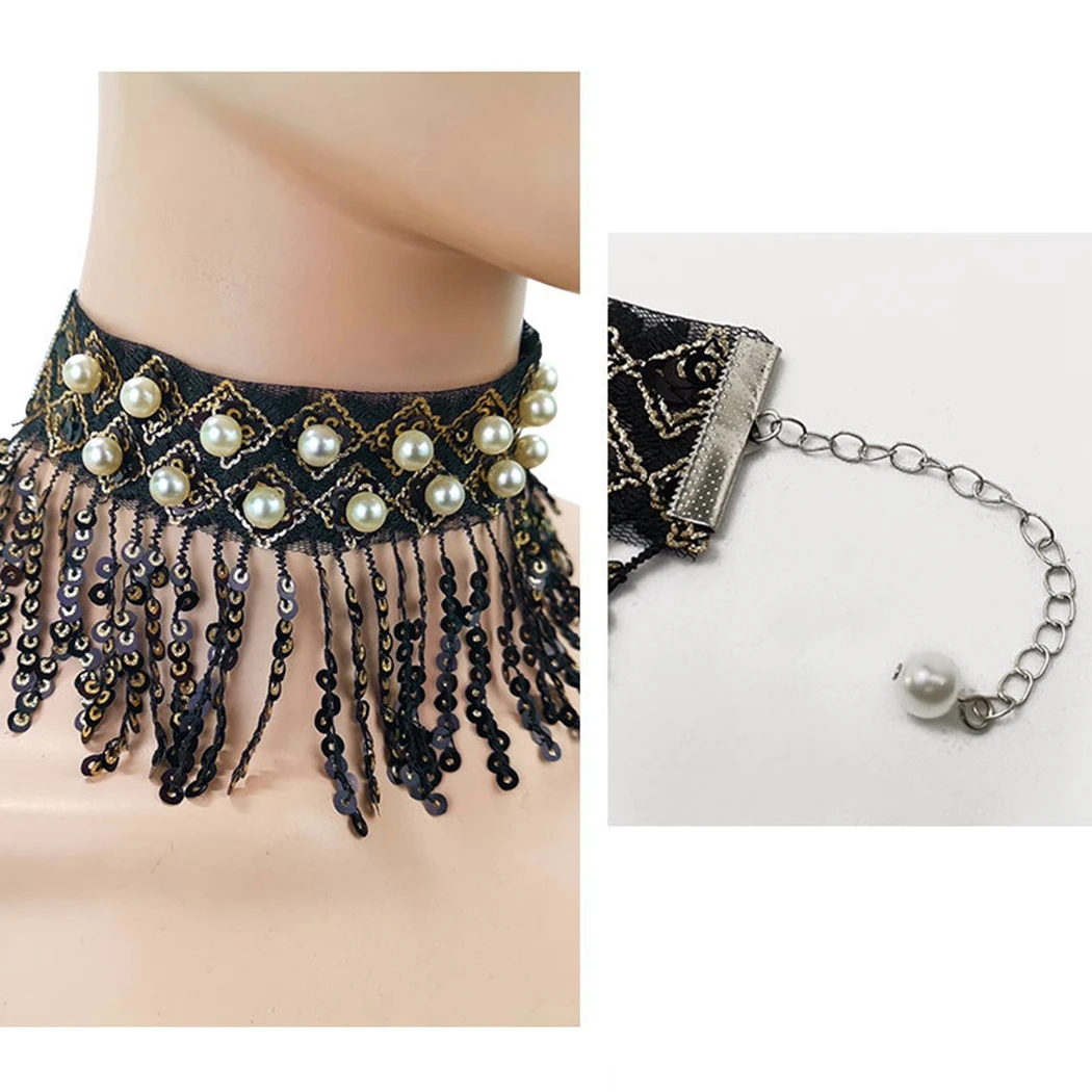 Ожерелье чокер с кисточкой и блестками эффектное кружевное ожерелье имитацией