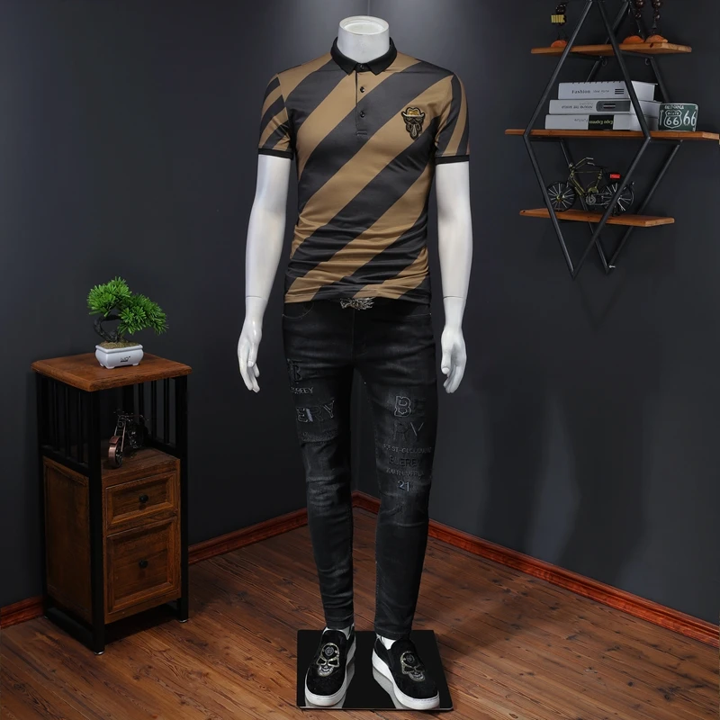 

Men Polo Shirt Striped Casual Cotton Polo Shirts Men Fashion Summer Lapel Male Tops Bussiness Short Sleeve High Quantity E0321