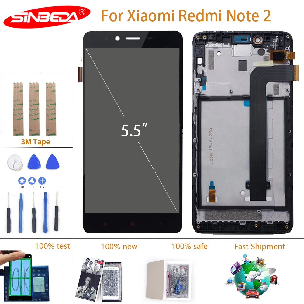 ЖК дисплей 5 дюйма для Xiaomi Redmi Note 2 сенсорный экран с дигитайзером и рамкой Mi Note2