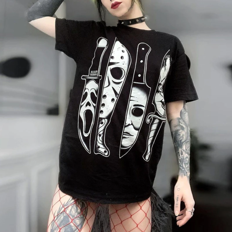 

Gothic y2k Skull Print Black T Shirts Harajuku Short Sleeve Women Loose Tops Tees Punk Streetwear Summer Long Basic T-shirts