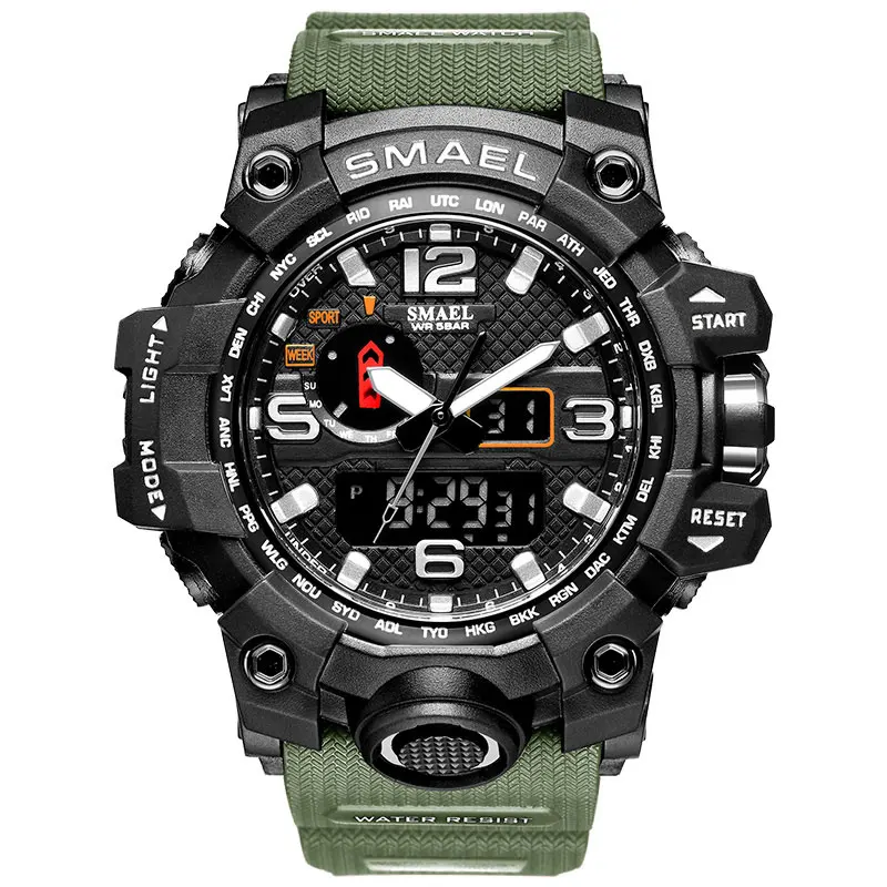 Army Green Спортивные мужские часы SMAEL, водонепроницаемые, 50 м, военные часы с будильником, хронограф, кварцевые наручные часы, секундомер, Relogio Masculino 1545 - Цвет: Army Green
