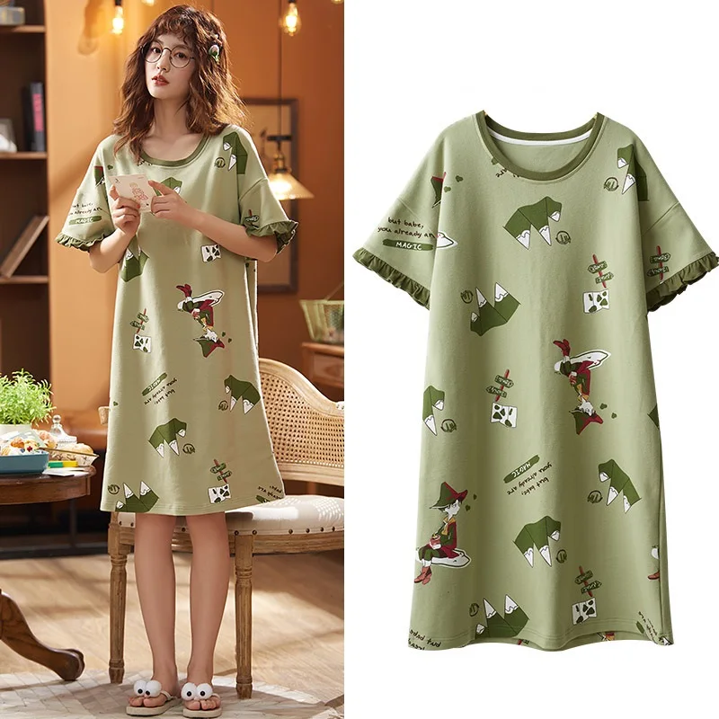 

2021 Short-sleeved Women's Sleepwear Cotton Night Gowns Summer Cartoon Nightgowns Home Wear Girls Sleep Lounge Sleeping Dress