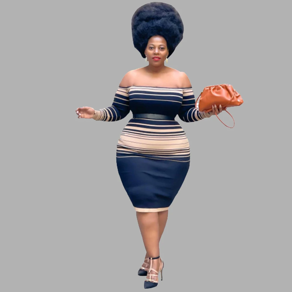 

Plus Size Evening Dresses 5xl Sexy Striped Off-the-shoulder Strapless Belted Fashion Stretch Women Dress Wholesale Dropshipping
