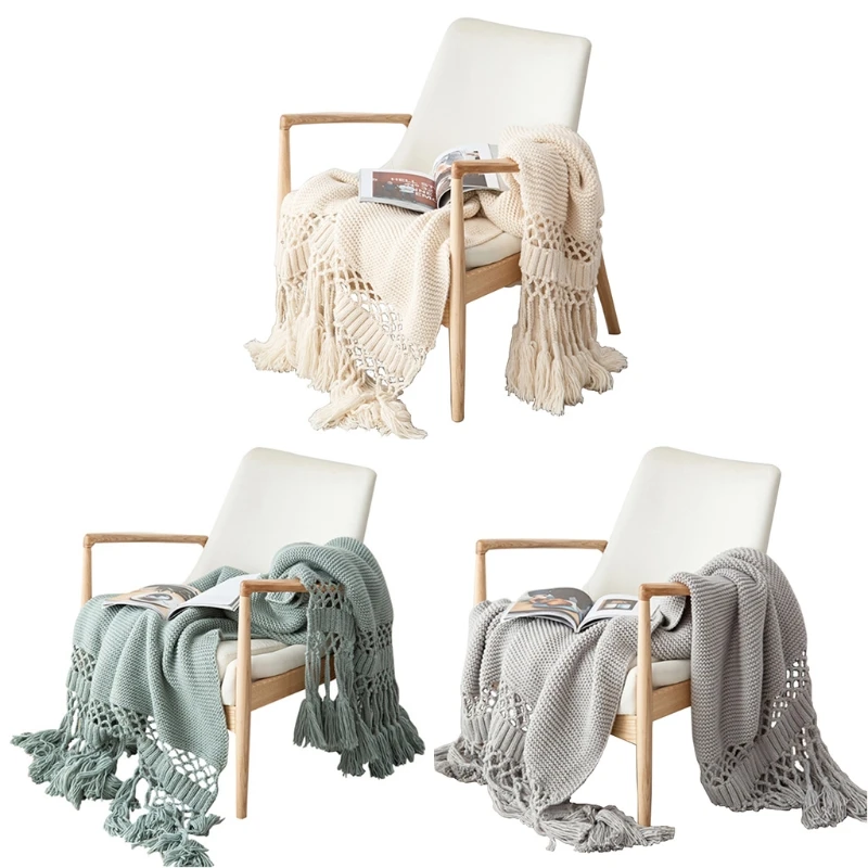 

Nordic Sofa Chunky Knitted Throw Blanket with Tassels Stylish Hollow Out Solid Color Air Conditioning Shawl Cover LXAC
