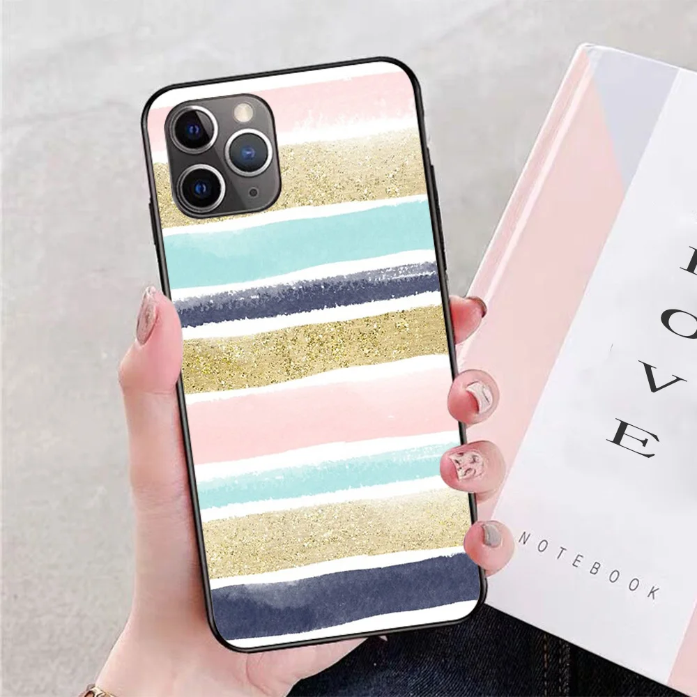 

For iPhone Glitter and Watercolor Stripes Soft TPU Border Apple iPhone Case