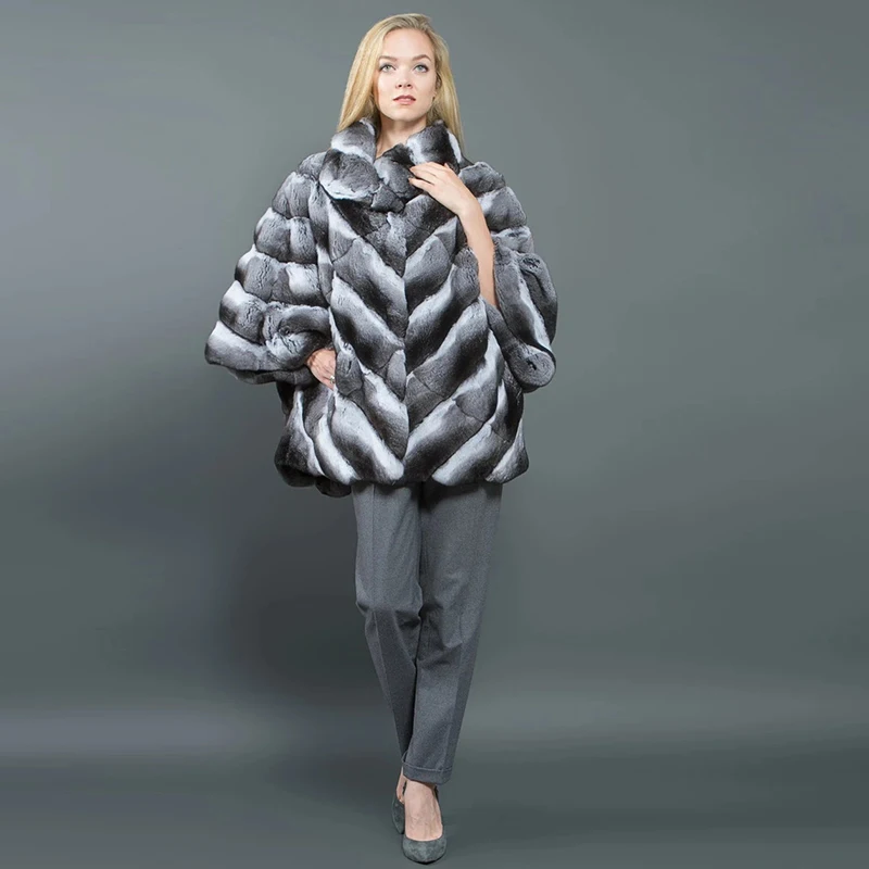 FURSARCAR  New Arrival Natural Real Rex Rabbit Fur Coat Winter Women Bat Sleeves Genuine Chinchilla Fur Jacket  Top Fashion Coat enlarge