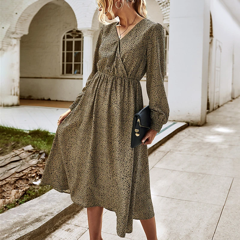

Women's Autumn Dress Women Casual Bohemian Long Sleeve V Neck Boho Long Dress Floral Printed Female Vestidos Robe